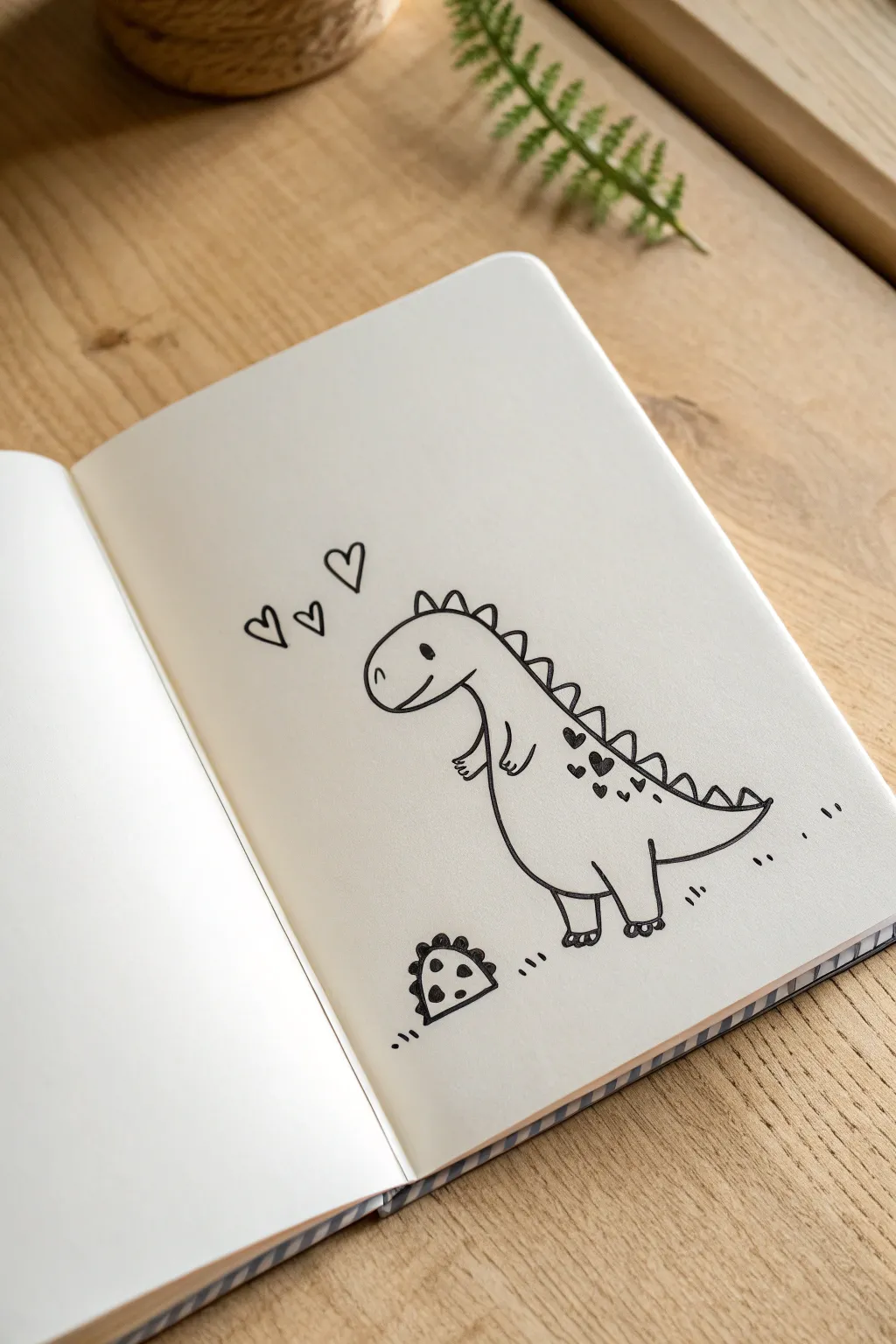 Tiny dinosaur side profile sketch idea: simple ovals, tiny spikes, and a heart footprint.