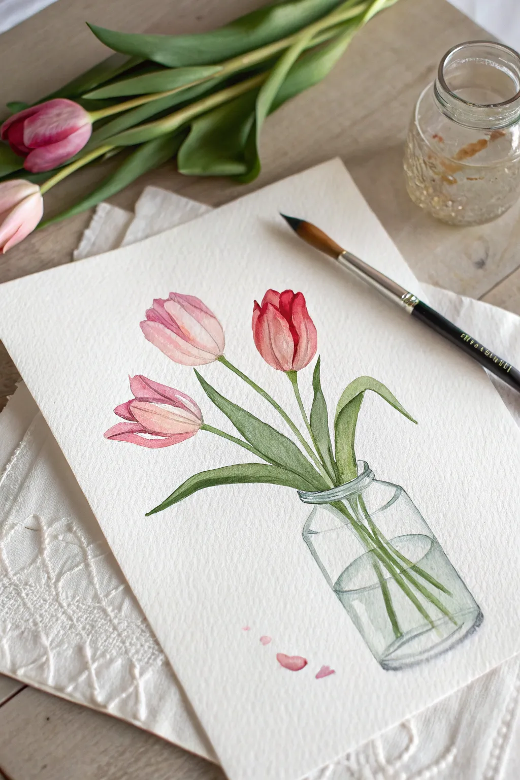 Beginner-friendly tulips in a simple glass jar, painted in soft pinks for a calm minimalist look.