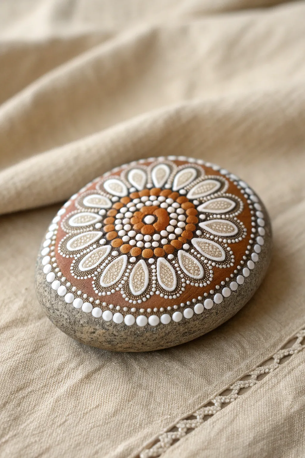 Beginner dot mandala rock with clean concentric rings in earthy minimalist tones