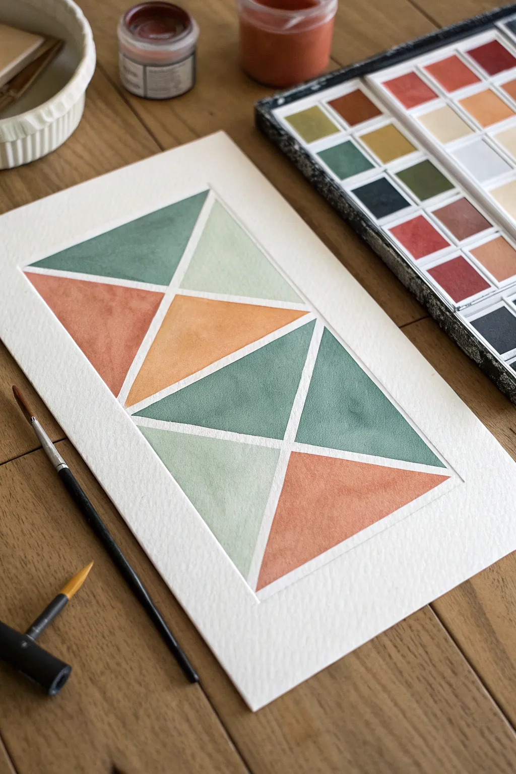 Tape-resist geometric blocks with crisp white lines and a soft boho palette for modern minimalist art.