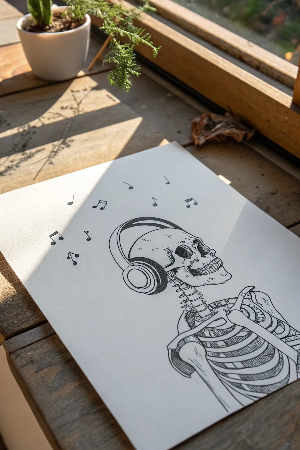 Modern skeleton with headphones, clean line art and playful music vibes in minimalist style
