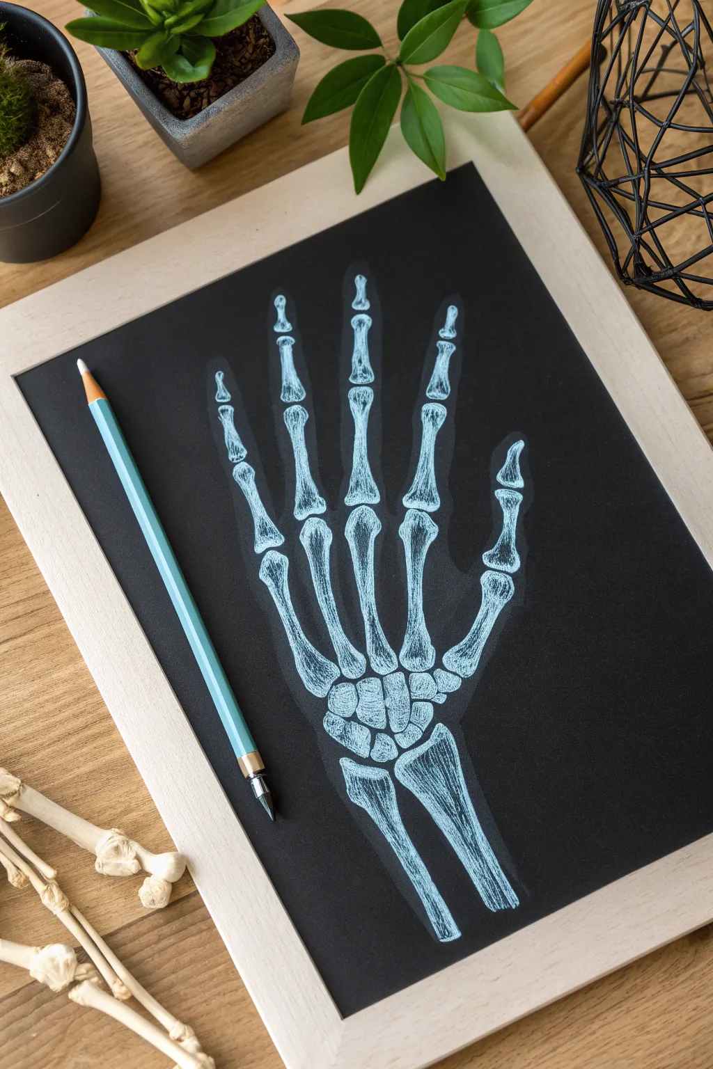 X-ray style skeleton hand with a soft fingertip glow, minimalist and perfectly spooky-chic
