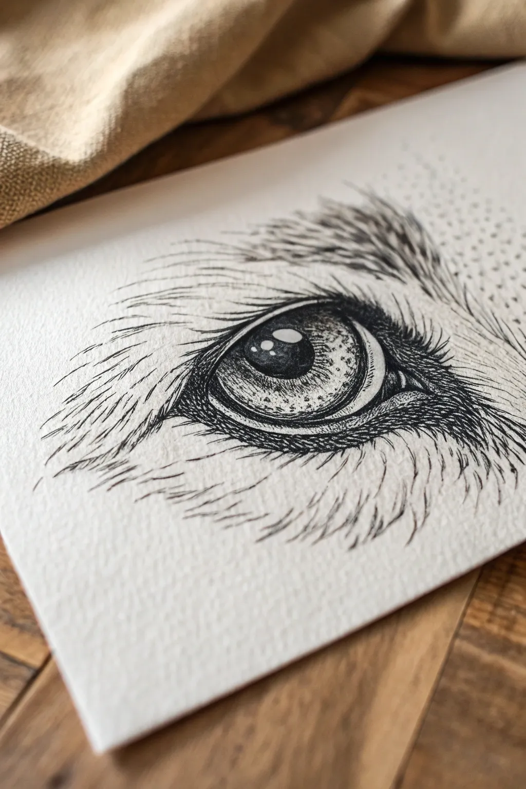 Stippled animal eye close-up with a bright highlight for bold contrast and lifelike depth