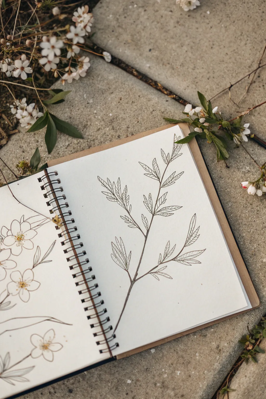 Ink and wash sketchbook page with airy white space, delicate lines, and soft muted washes