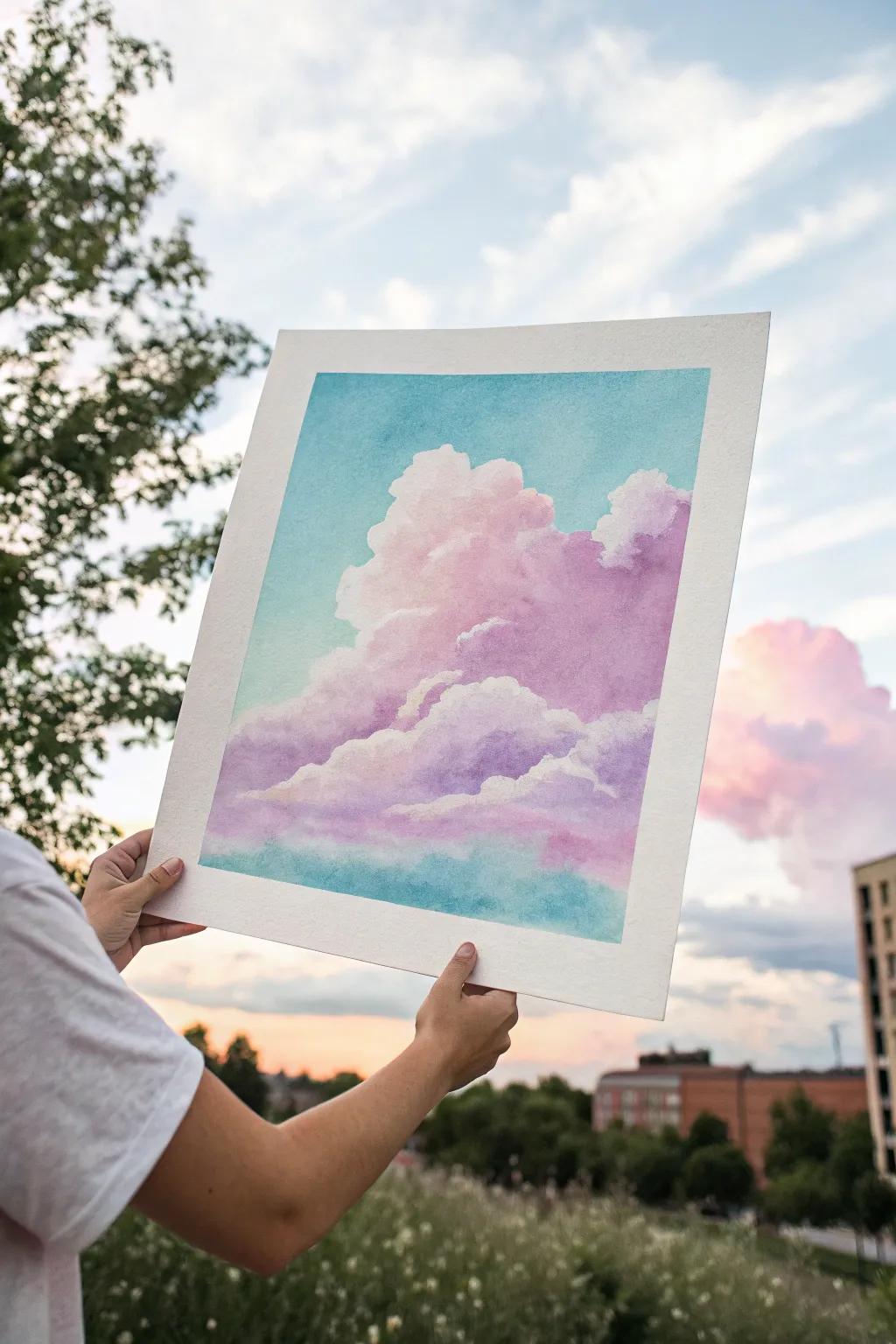 Dreamy pastel gradient sky with oversized plush clouds, minimalist watercolor inspiration.