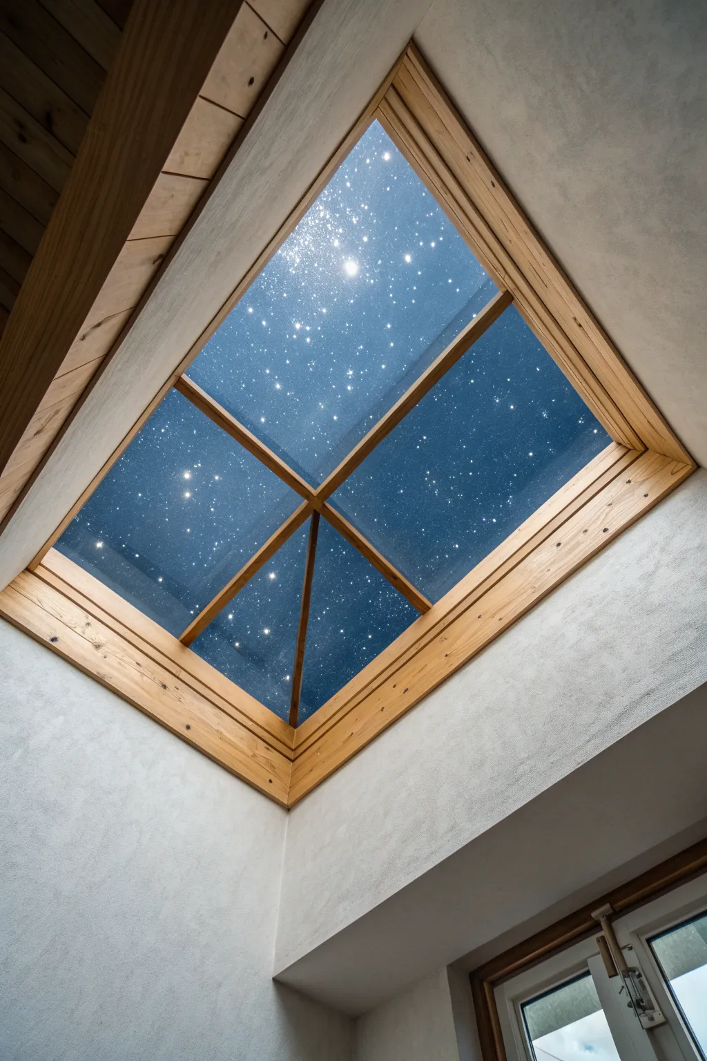 Midnight blue skylight well with subtle stars creates a dramatic focal point on a calm ceiling.