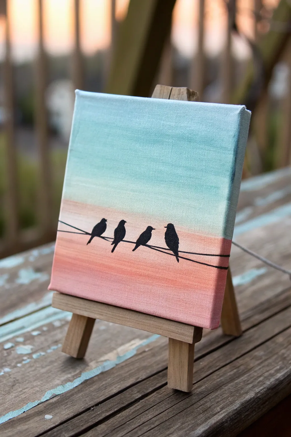 Tiny gradient-sky canvas with birds on a wire, minimalist and soothing with crisp contrast.