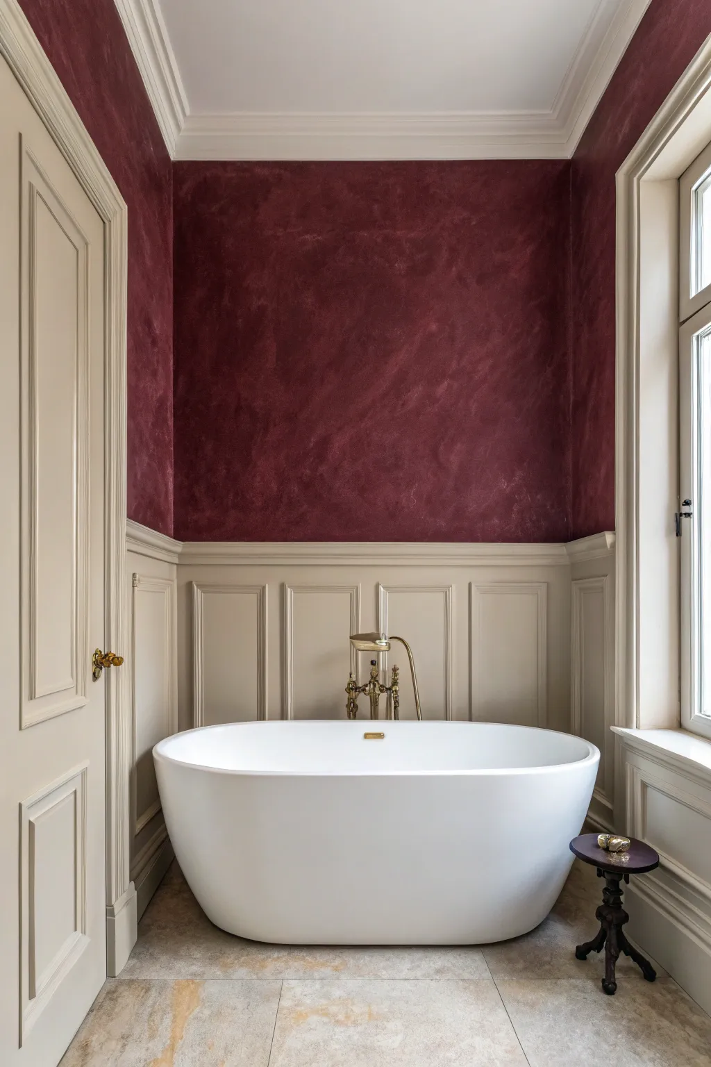Burgundy feature wall with a crisp white tub for a cozy, vintage-meets-minimal bath.