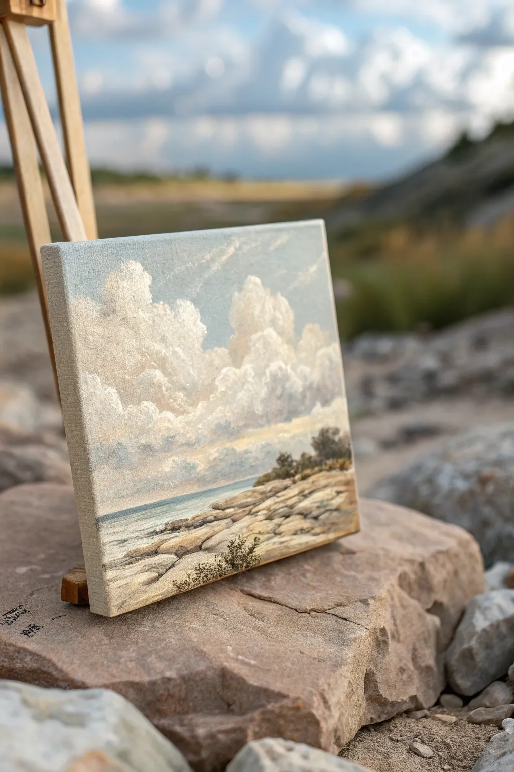 Texture-first mini landscape on a small canvas, thick impasto clouds in a calm palette