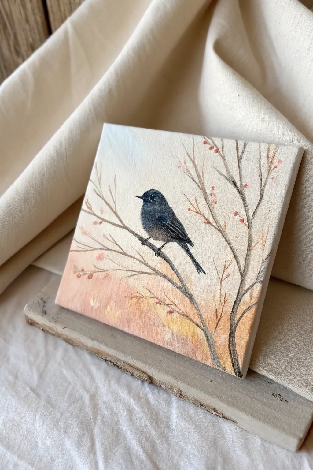 Tiny bird silhouette oil study, perfect for a calming minimalist mini painting session.