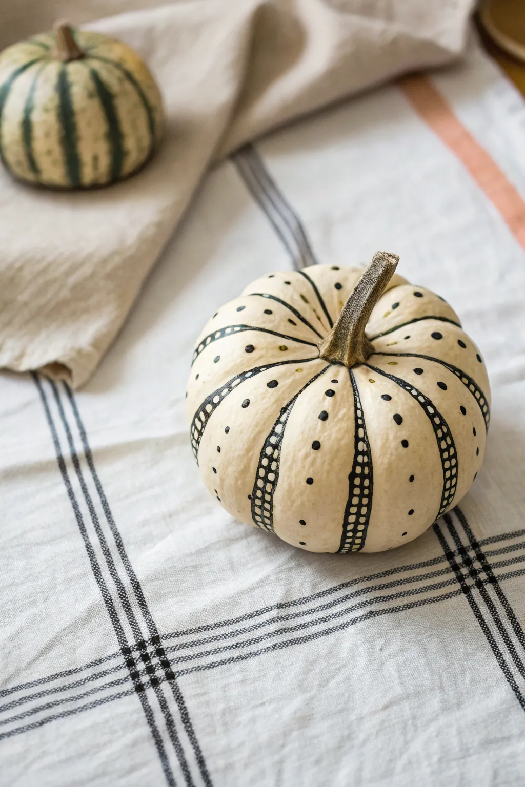 Hand painted mini pumpkin with stripes, dots, and gingham for minimalist fall charm