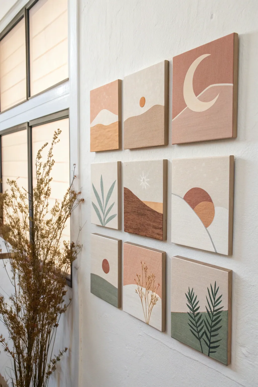 Mini grid of small square canvases in one soft palette for a cohesive Scandinavian boho wall