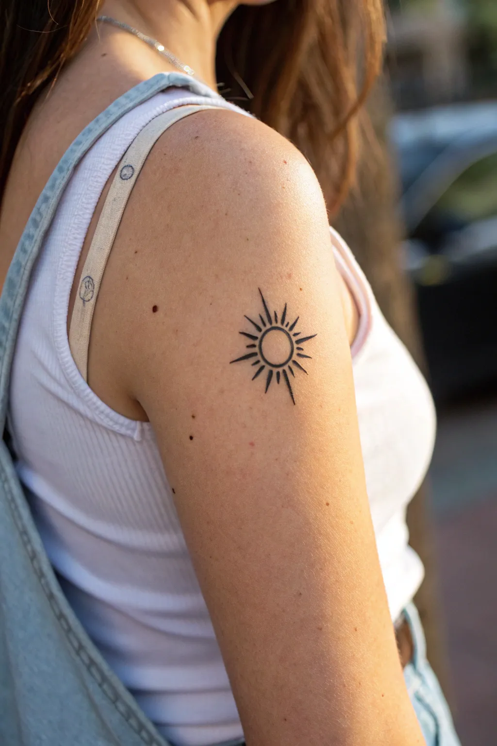 Tiny sunrise tattoo in fine line ink with a clean sketch beside it, minimal Nordic boho vibe.