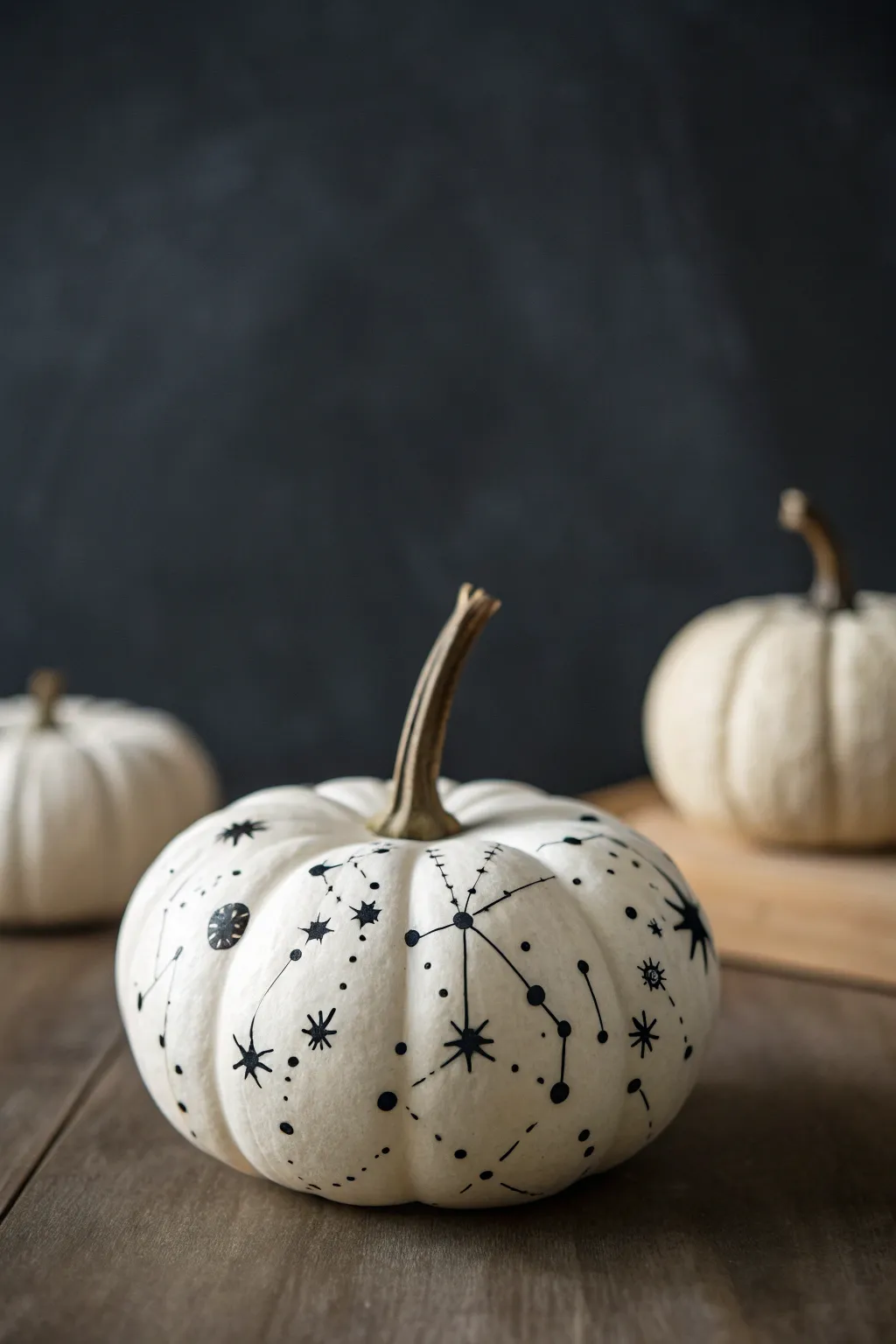 Constellation dots on a small white pumpkin for a chic minimalist, night-sky Halloween accent.