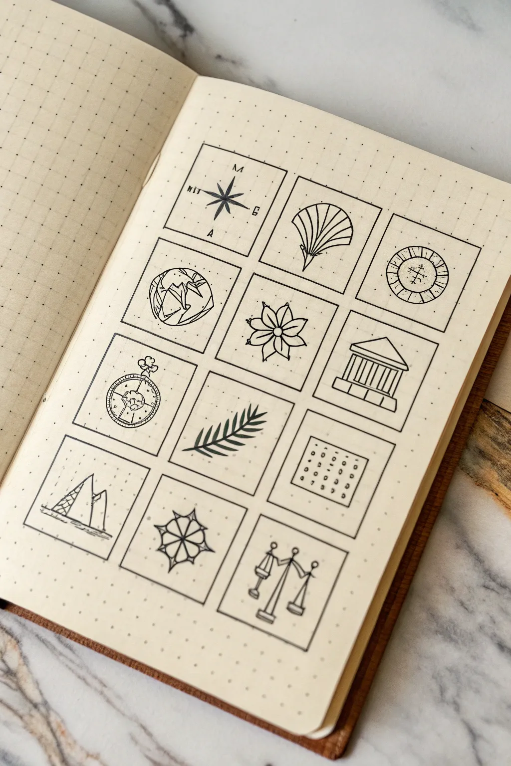 Clean notebook grid of social studies doodles for simple, stylish study inspiration