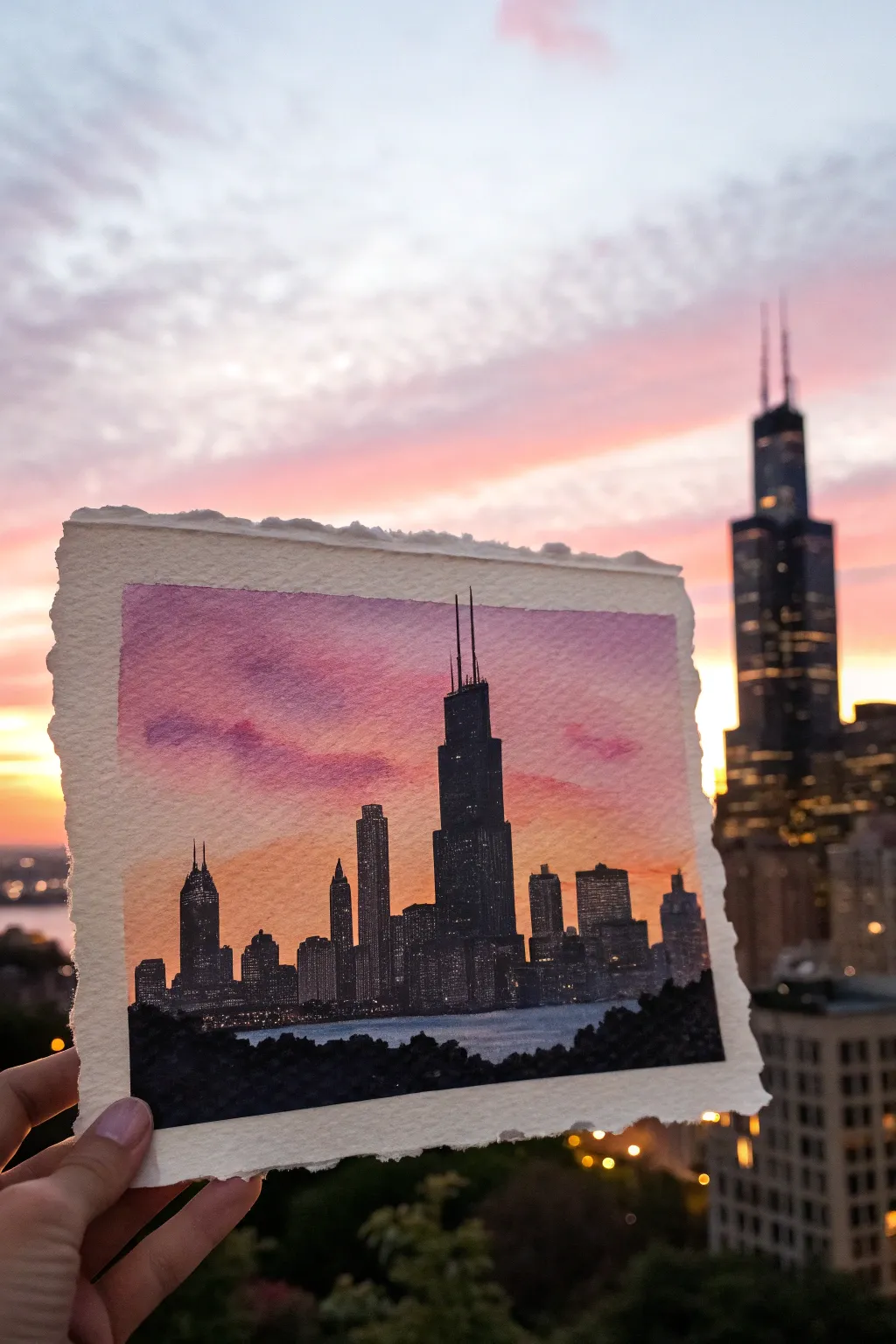 Soft pastel twilight gradient with bold city silhouette, minimalist and boho, perfect contrast.