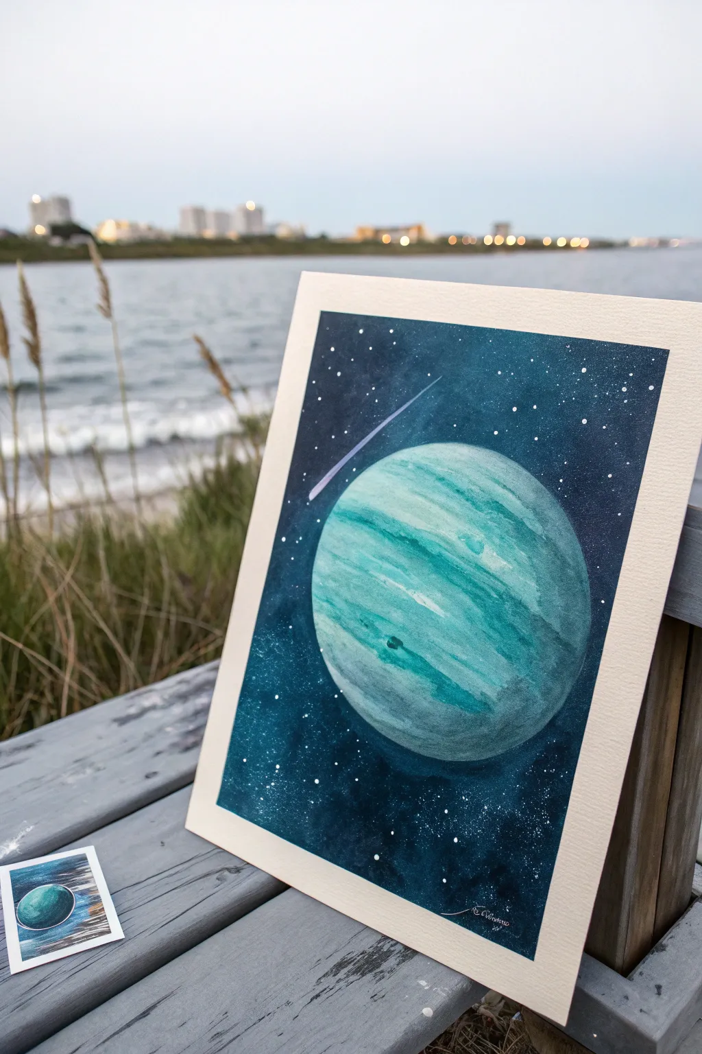 Neptune at the Kuiper Belt edge in moody blues, with icy specks and tiny dwarf planets.