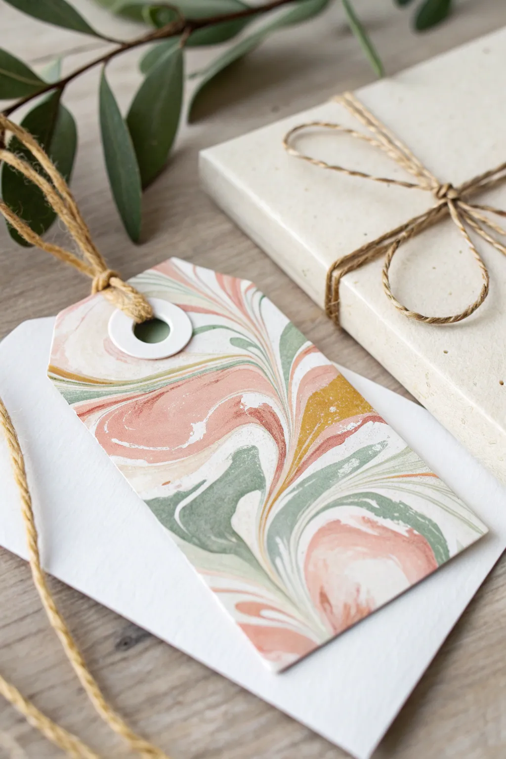 DIY spin art: one elegant tag with twine, plus matching cards and bookmarks in soft boho hues.