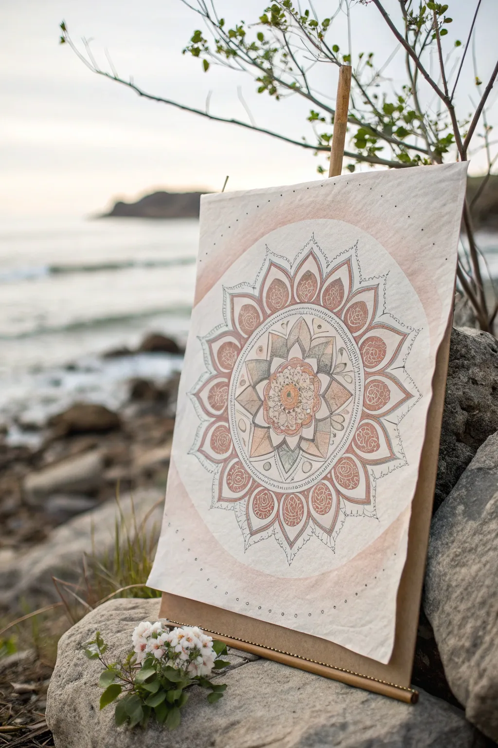 Abstract breath mark prayer painting in soft boho neutrals, rhythmic dots, calm contrast.