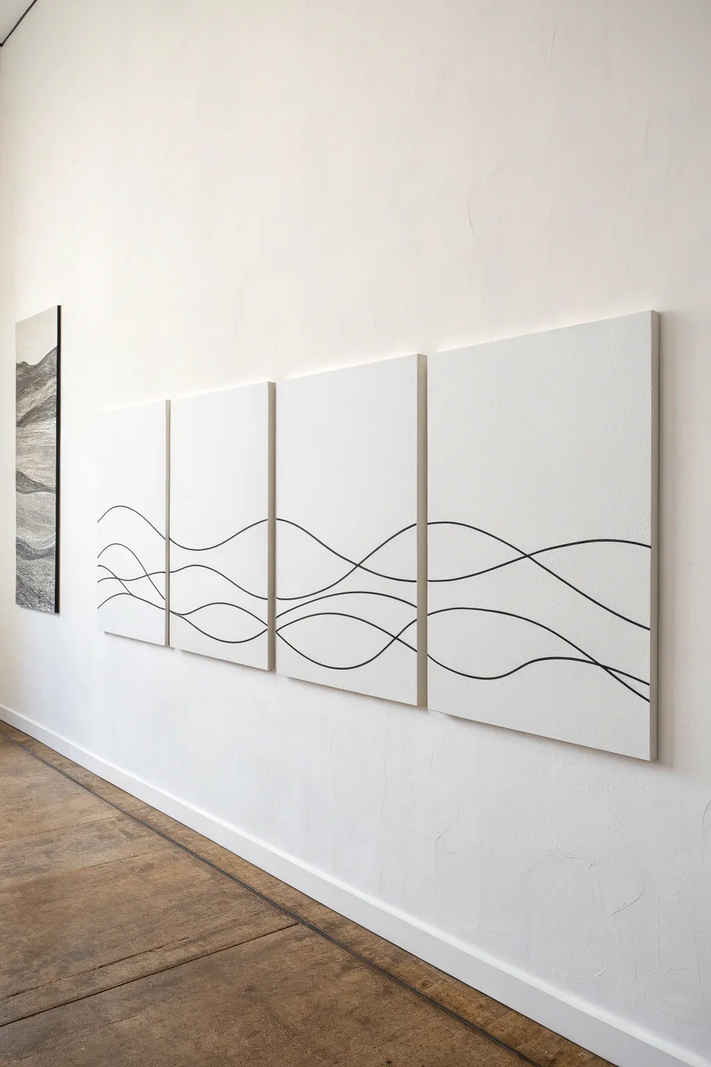 Minimal split-canvas art: one continuous line flowing across panels with bold negative space