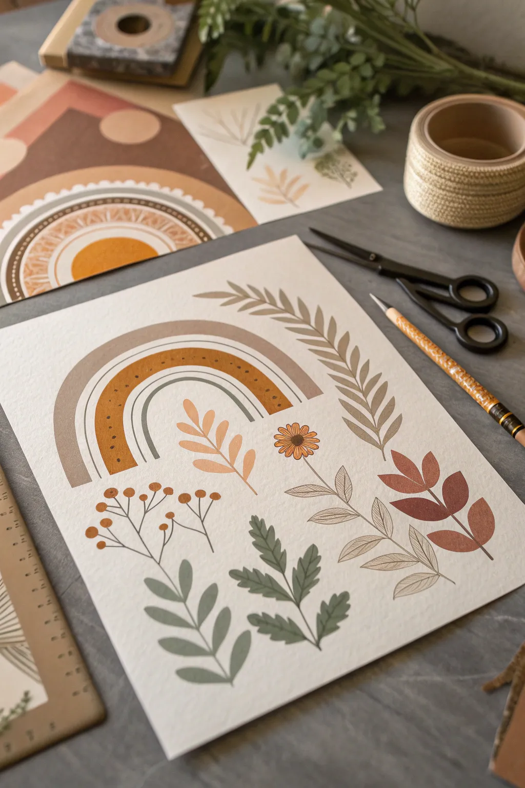 Paper-cut shapes reveal crisp spray-painted silhouettes, minimalist Scandinavian boho contrast