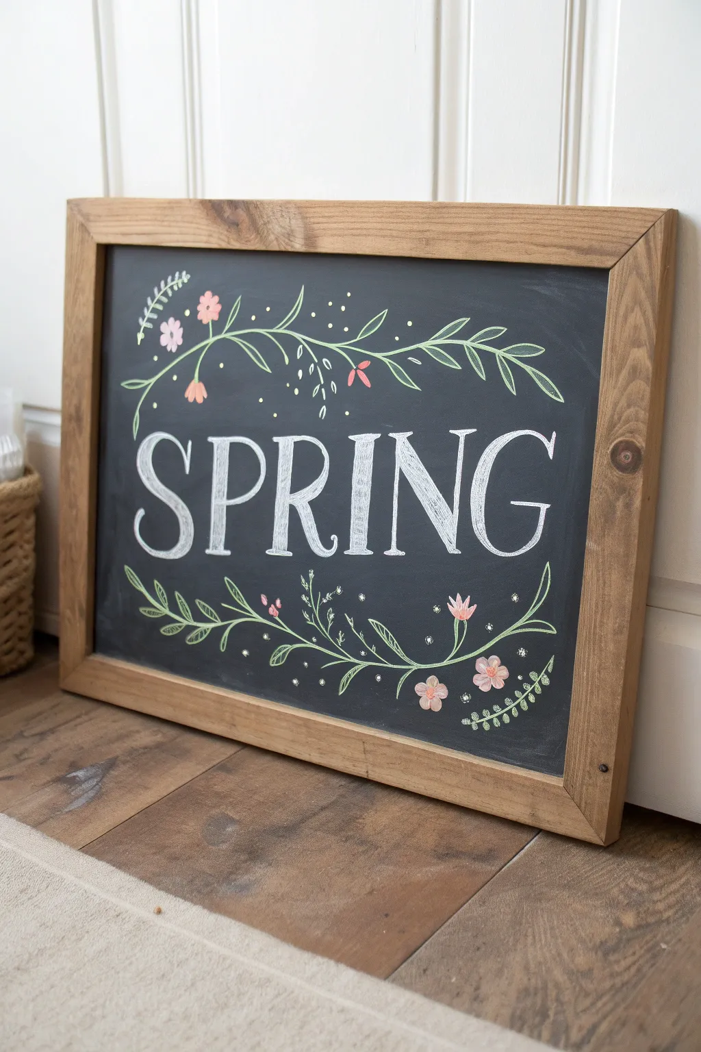 Minimal spring chalk art with negative-space lettering and delicate leafy fills on a dark board.