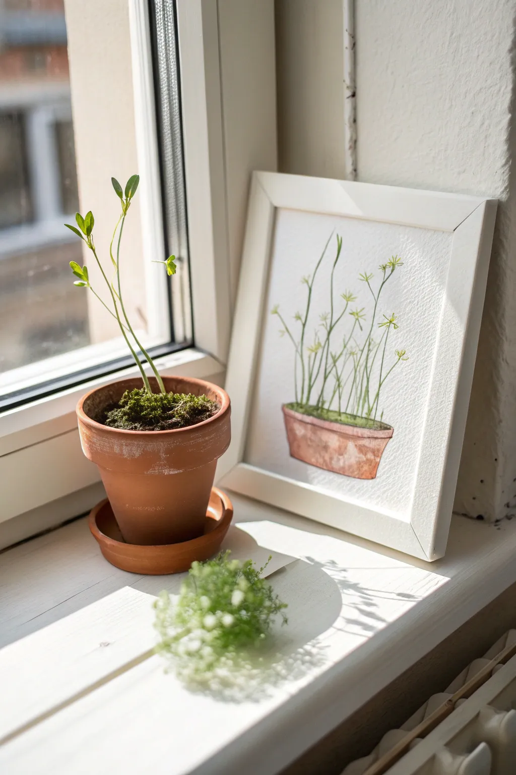 Soft spring light on tender seedlings, a simple windowsill watercolor study to try.
