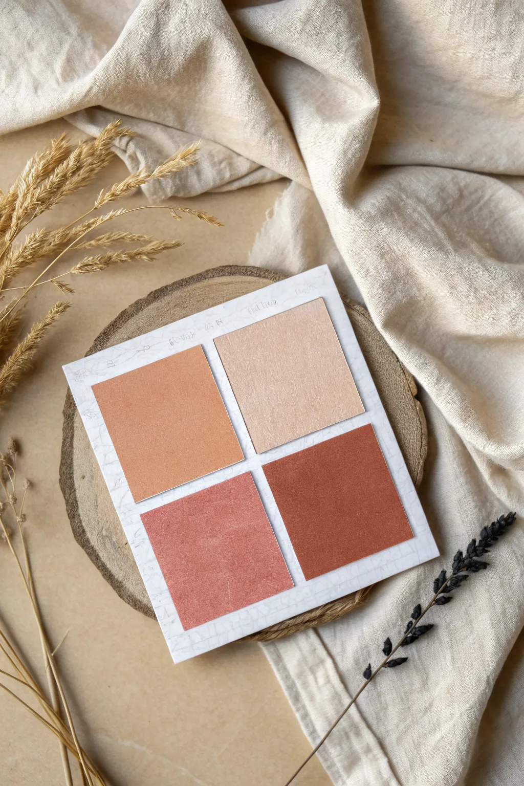 Four quadrant square mood board with crisp grid lines and soft boho palettes, clean and minimal