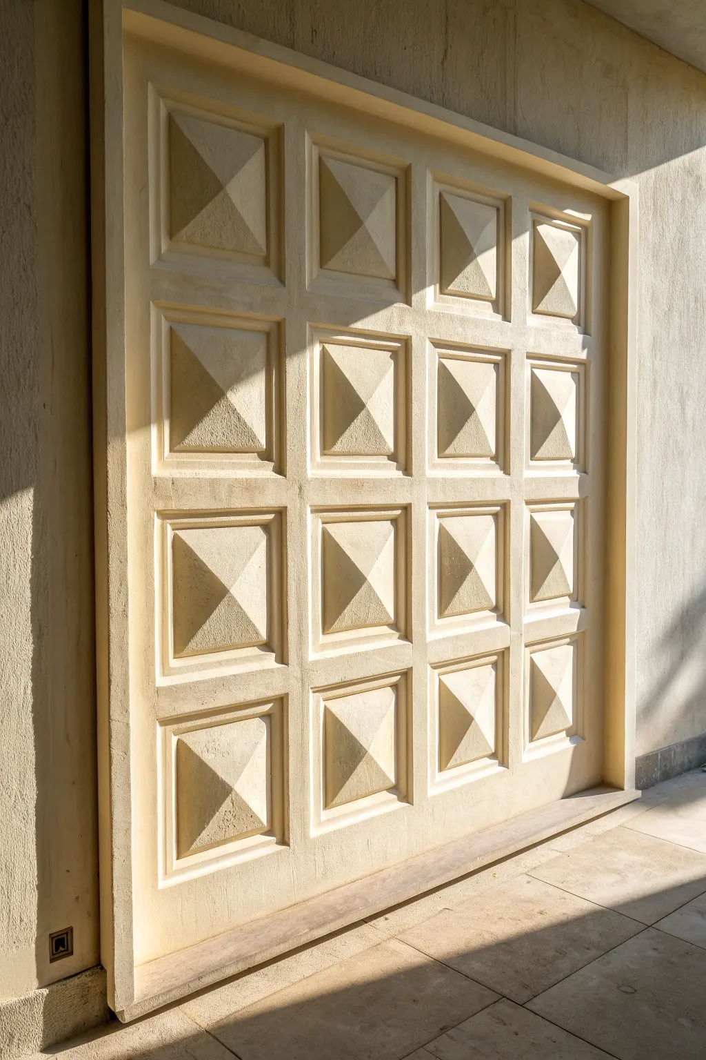 Raised square wall relief with shifting shadow blocks for calm, modern depth