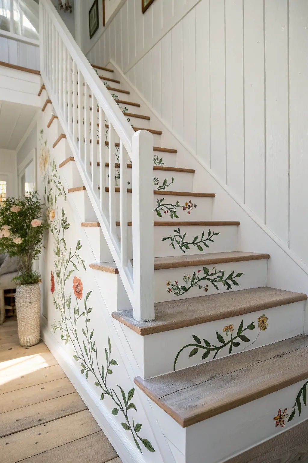 Delicate hand-painted floral vine climbing the stair edge for a soft Scandinavian boho look