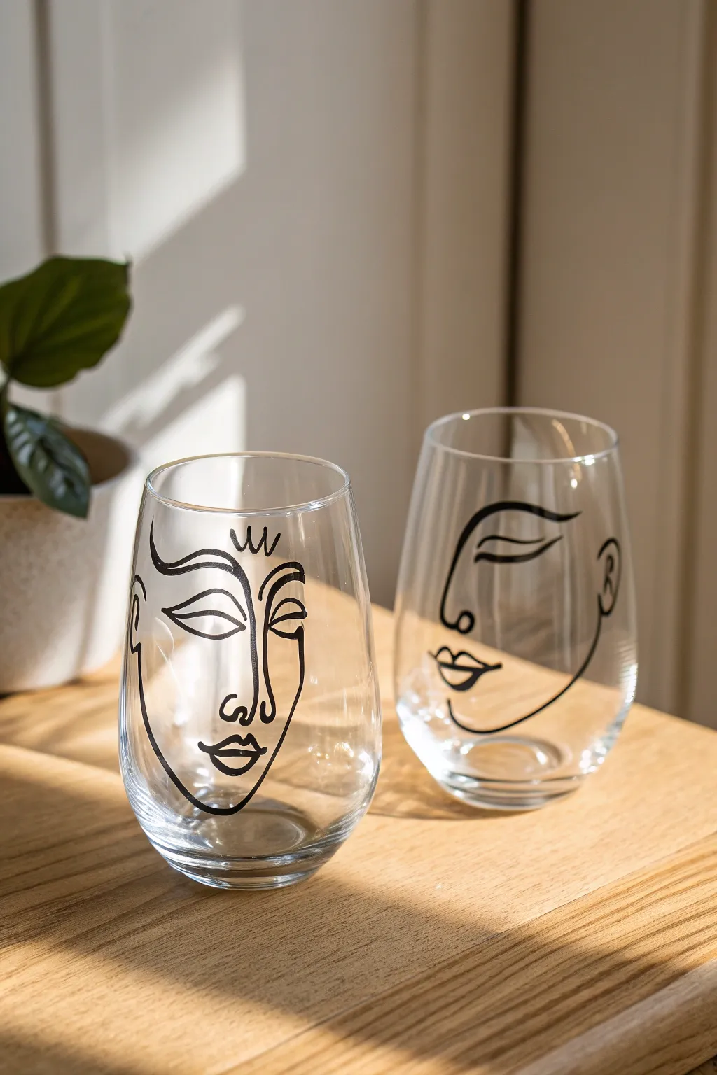 Minimalist line-art faces on stemless wine glasses, a calm Scandinavian look with boho charm