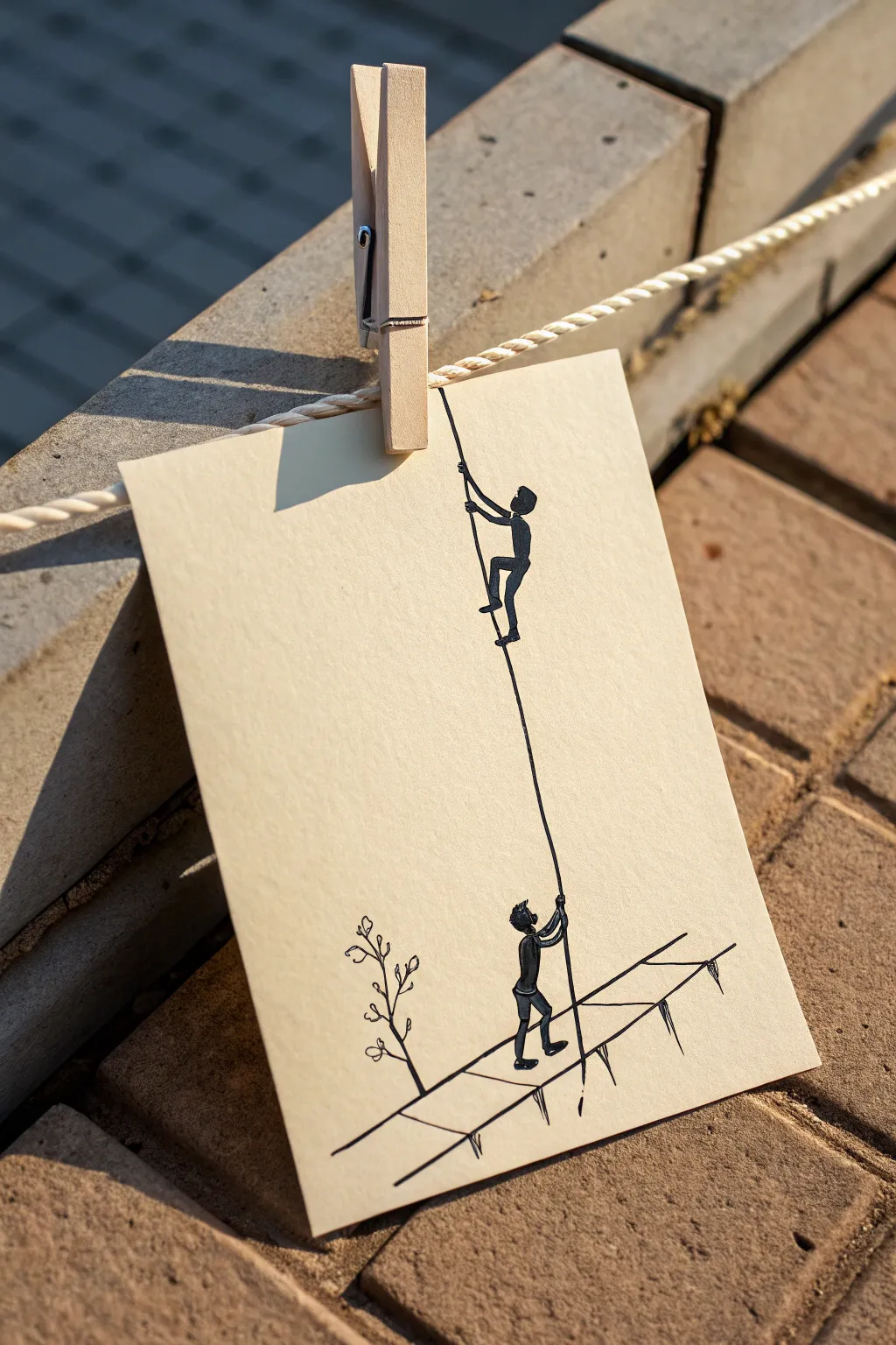Minimal stickman climbing scene: rope climb and ledge hang, simple lines with calm boho tones