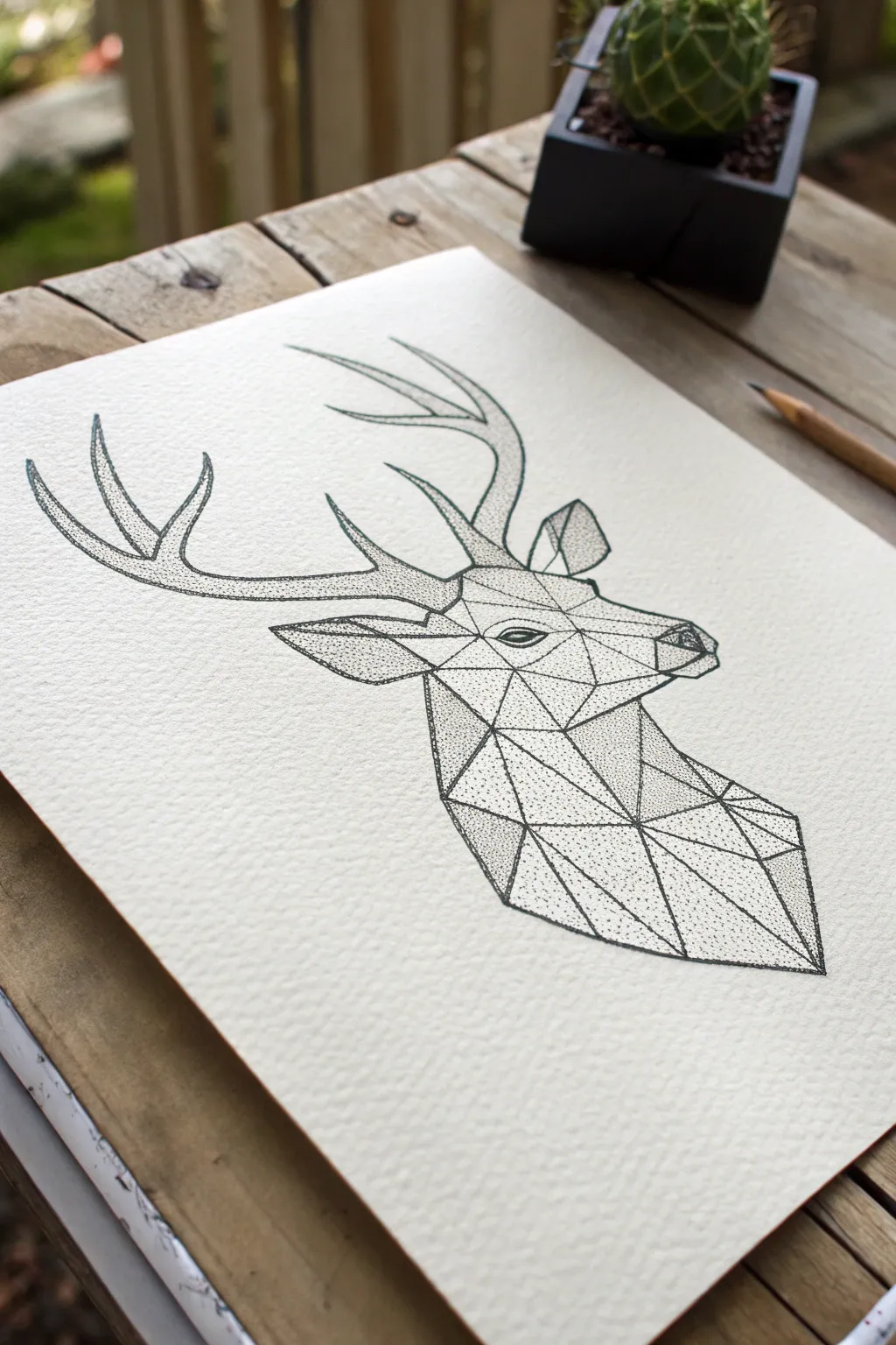 Geometric deer head in stipple dots, each facet shaded by density for bold modern contrast