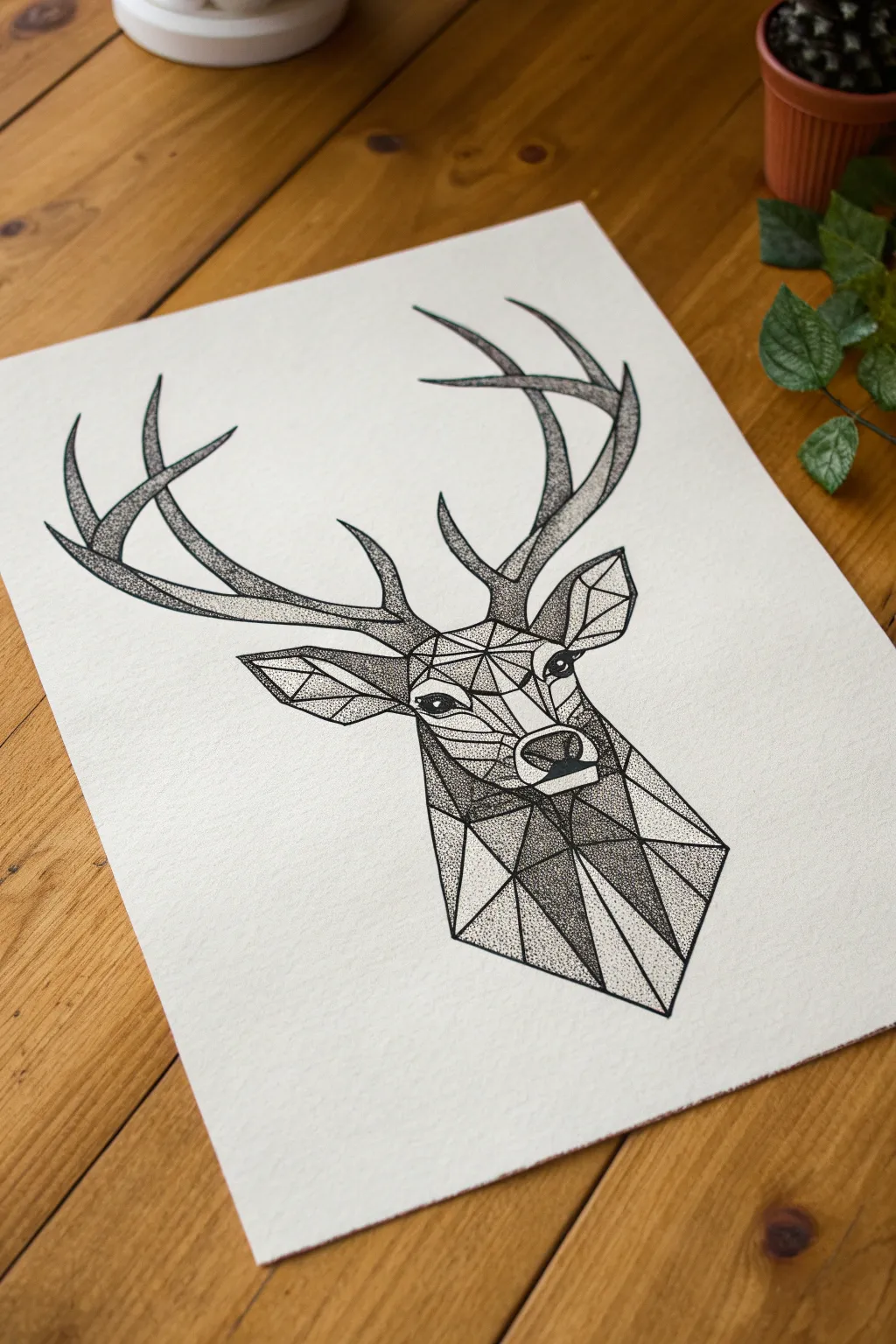 Low poly deer head facets shaded with stippling dots, crisp lines and modern minimalist contrast.
