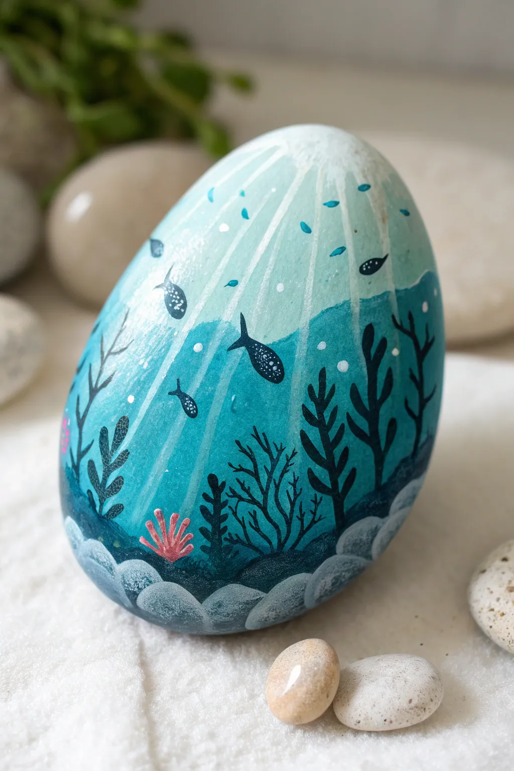 Underwater window stone with glossy blue-green rays, fish and coral for calm coastal vibes.