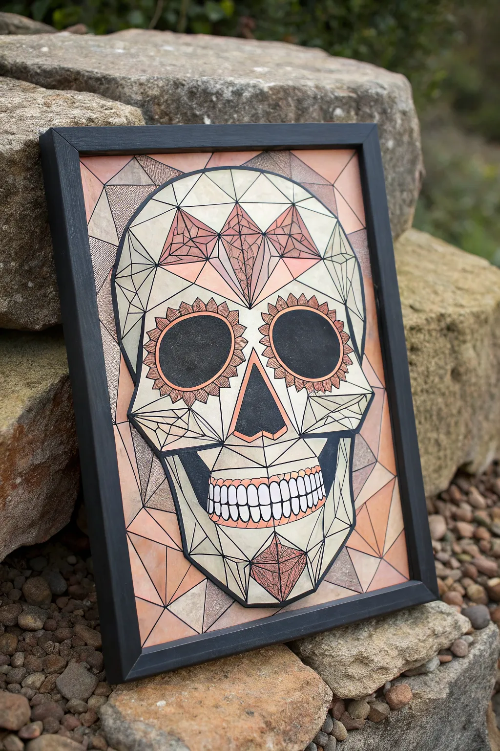 Faceted geometric sugar skull in soft boho tones, crisp lines and bold contrast.