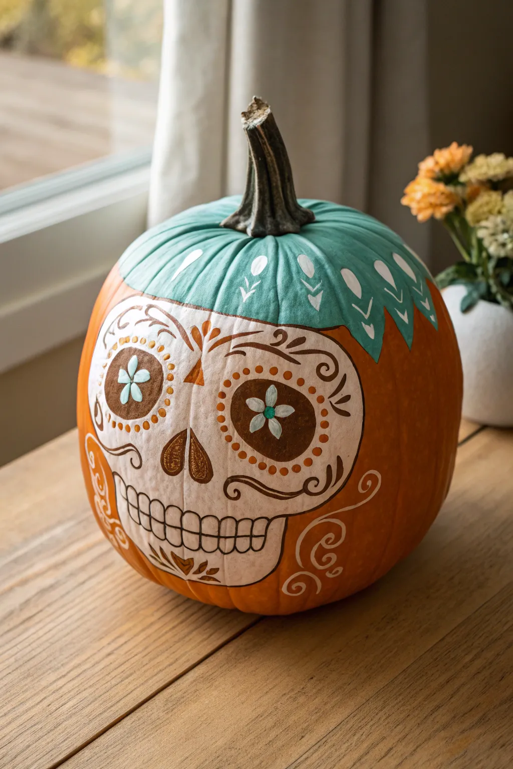 Sugar skull pumpkin with floral eyes and clean boho details, perfect for a cozy seasonal painting