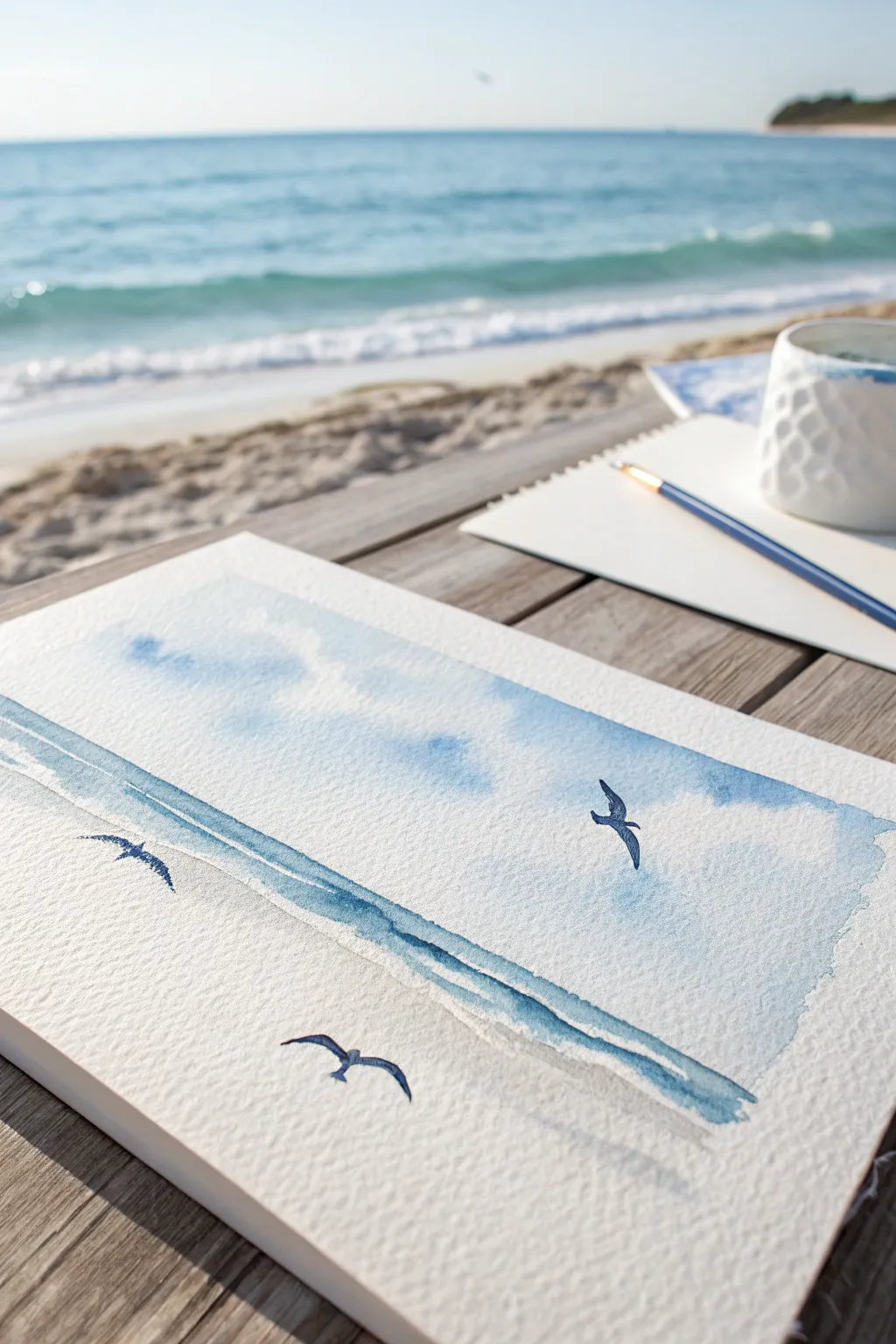 Easy summer watercolor: calm ocean sky with simple M shaped seagulls and airy negative space