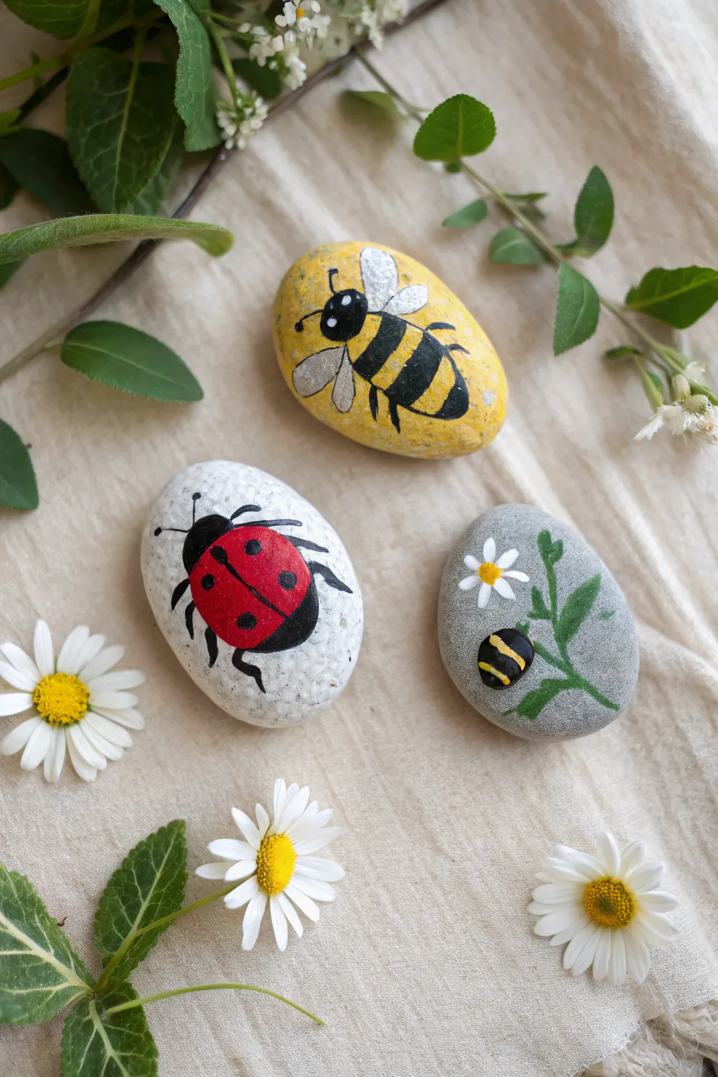 Sweet summer bug rocks in a minimal garden vignette, perfect for easy rock painting inspo