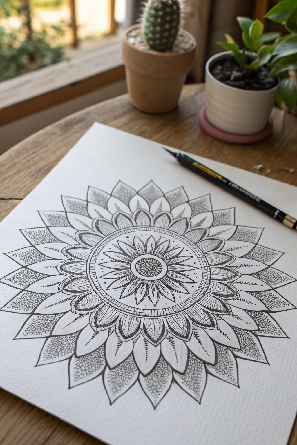 Sunflower mandala pattern with crisp symmetry, bold contrast, and calming minimalist boho vibes