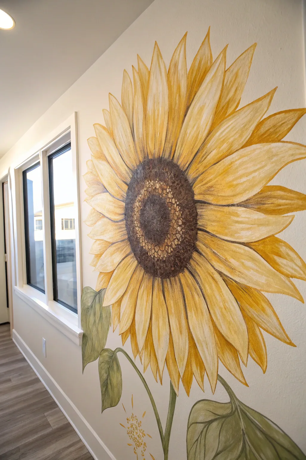 Textured sunflower petals in layered yellows, dry-brush strokes for a cozy boho mural feel