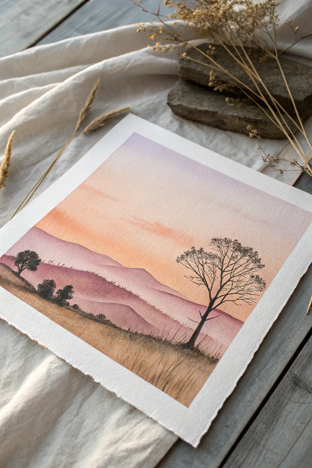 Minimal line art over a soft sunrise wash, calm Scandinavian boho vibe for painting.