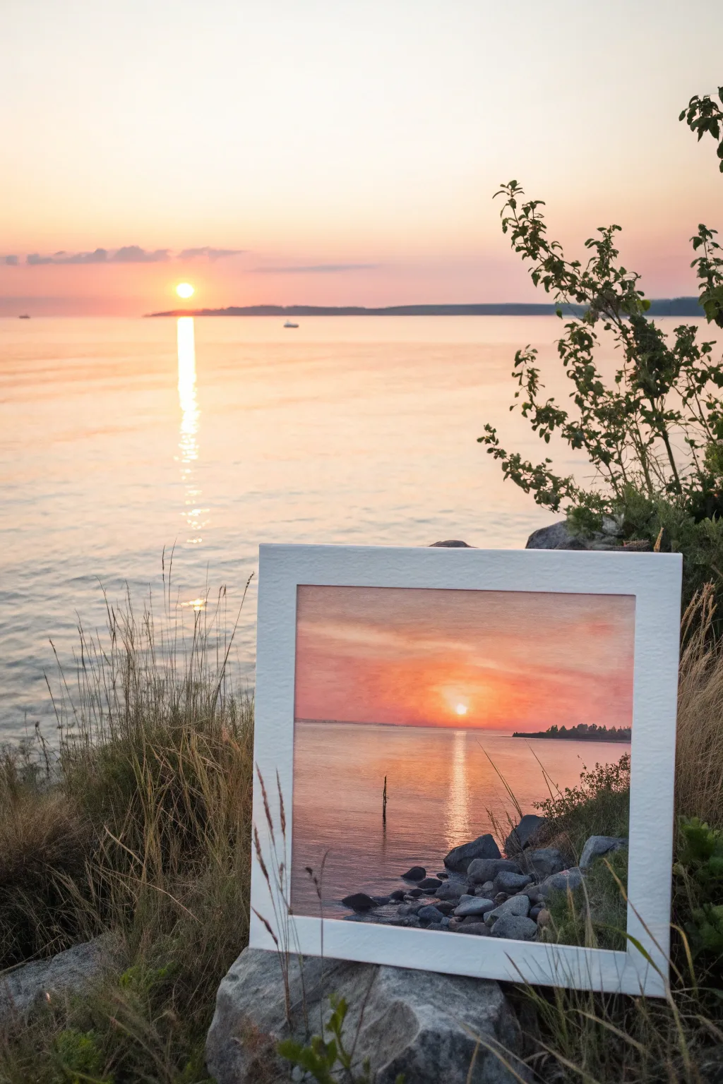 Minimalist sunset over water with sparkling reflection dashes, calm Scandinavian boho mood