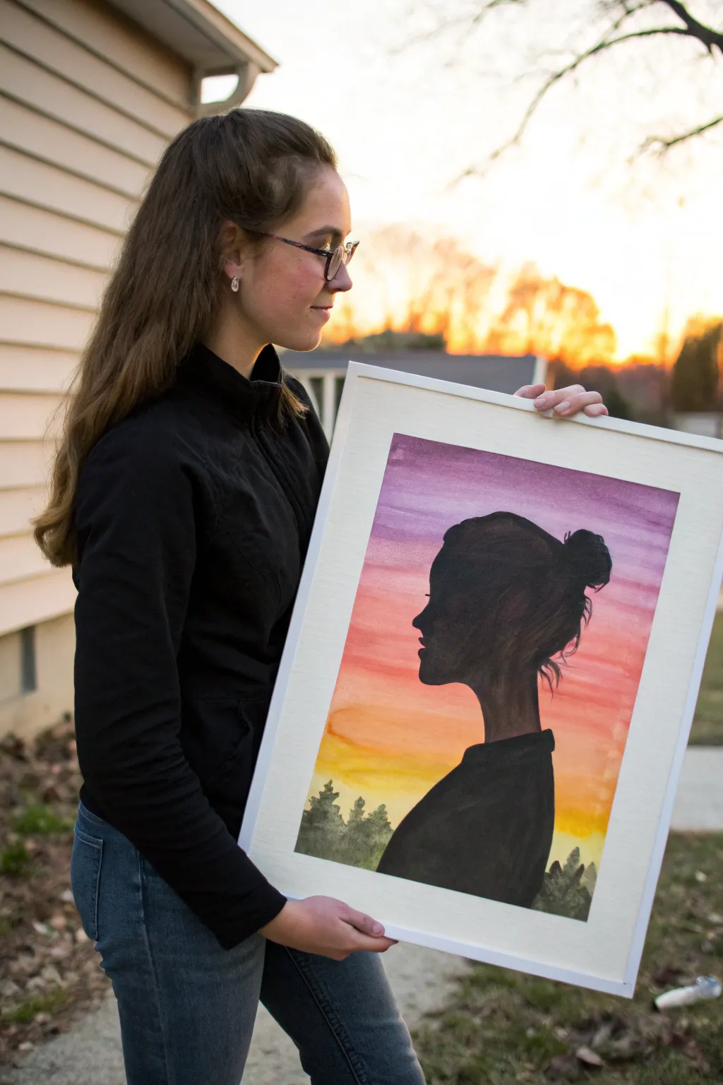 Double-exposure silhouette filled with a glowing sunset gradient, minimalist Scandinavian with boho warmth.