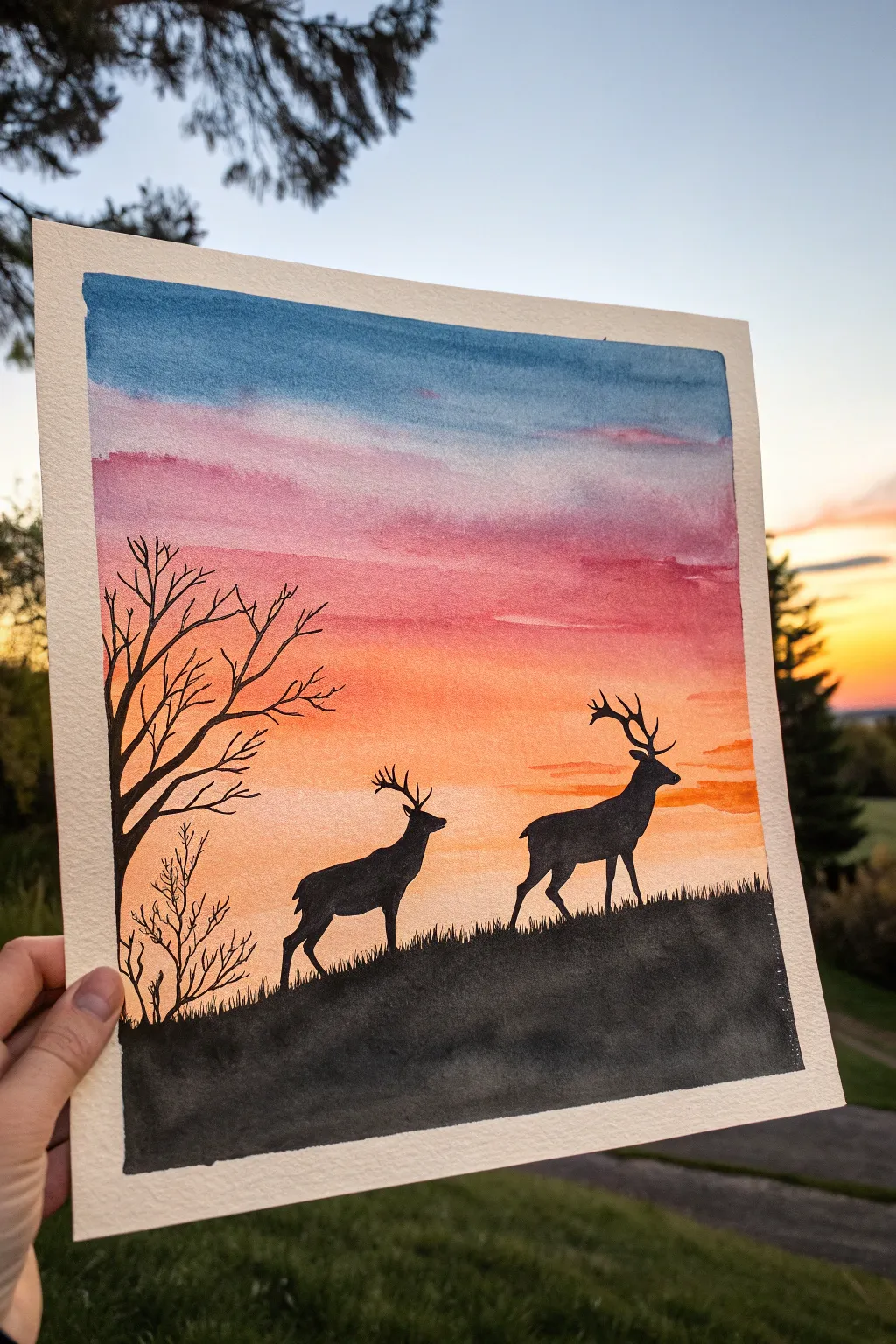 Minimal deer silhouette on a ridge, set against a glowing sunset wash for easy inspiration.