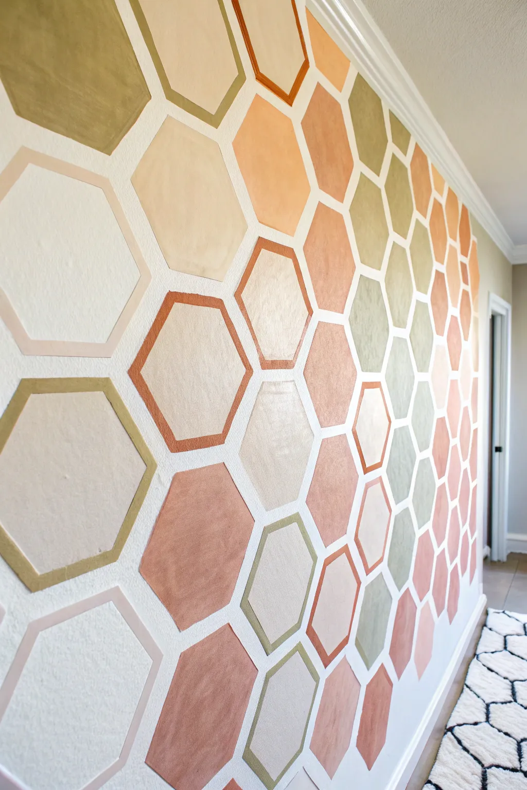 Honeycomb hexagon illusion with crisp tape lines and soft gradients for a calm boho-minimal wall