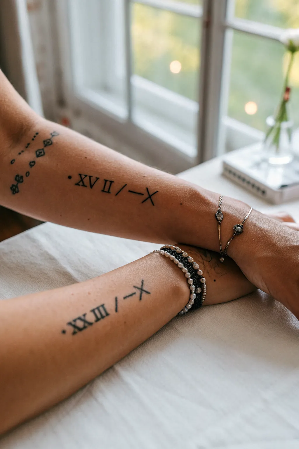 Two matching coordinate tattoos, side by side, capturing the exact place your love story started.