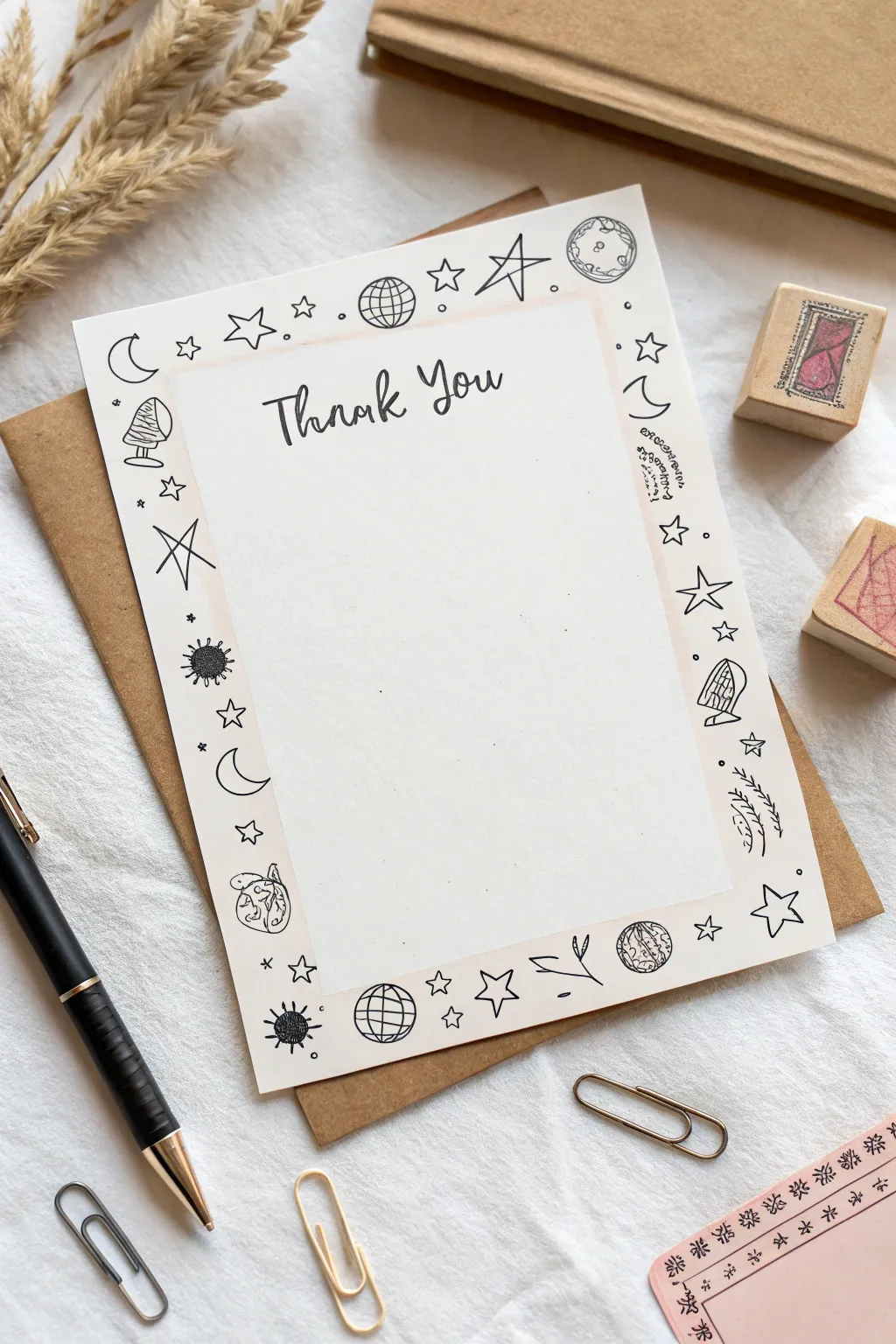 Simple thank-you note layout with a symmetrical classroom doodle border, clean and gift-ready