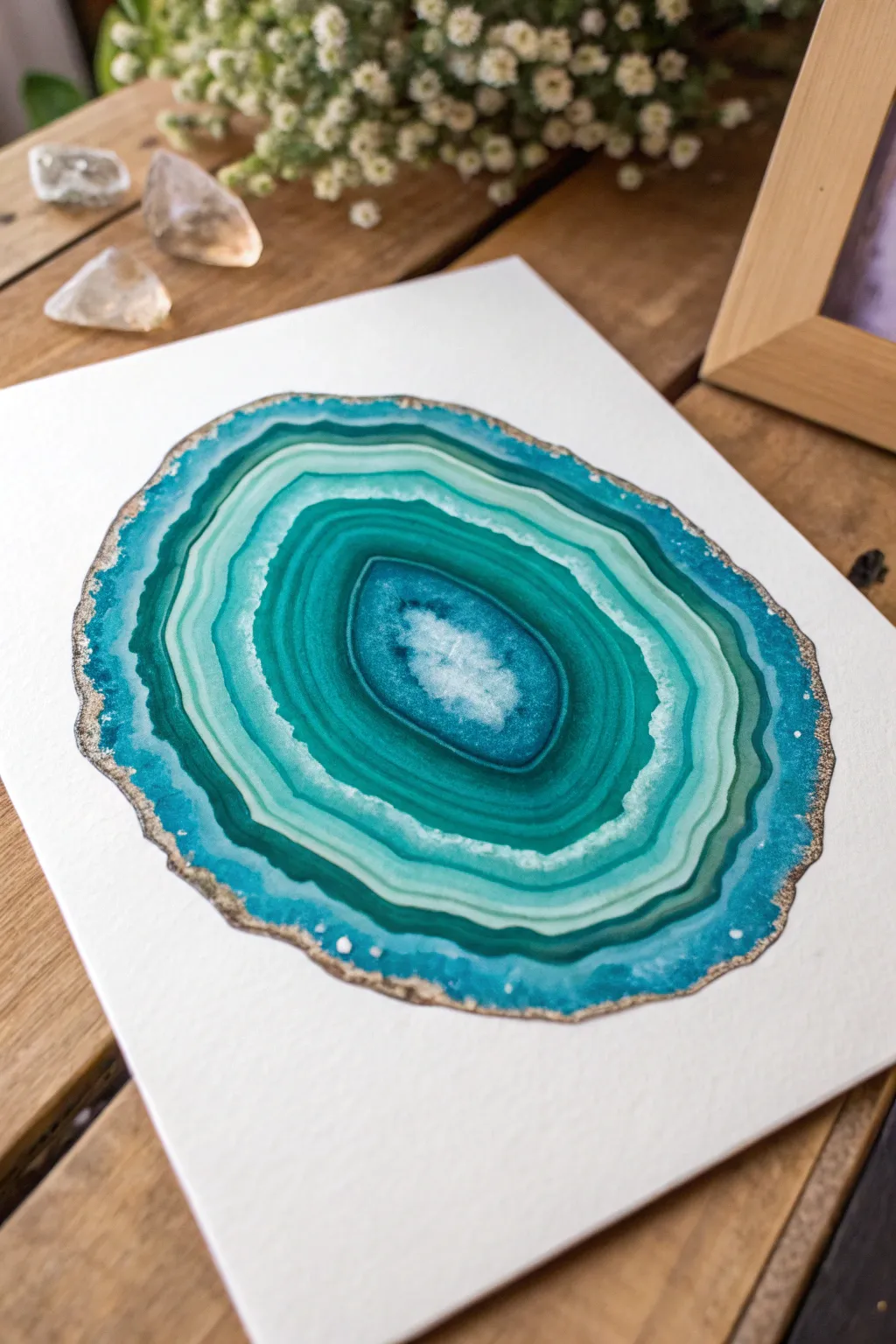 Teal geode slice abstract with layered rings and sparkling crystal edge highlights, clean and minimal