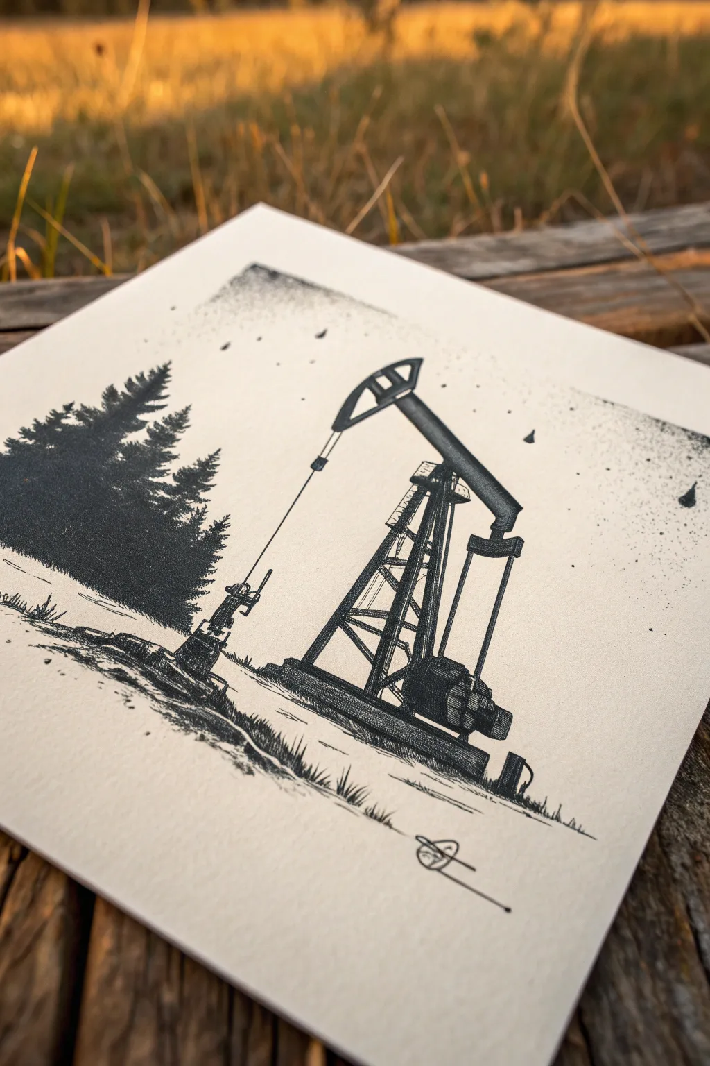 Minimalist ink pump jack study with gritty textures and airy Texas sky, calm and bold.